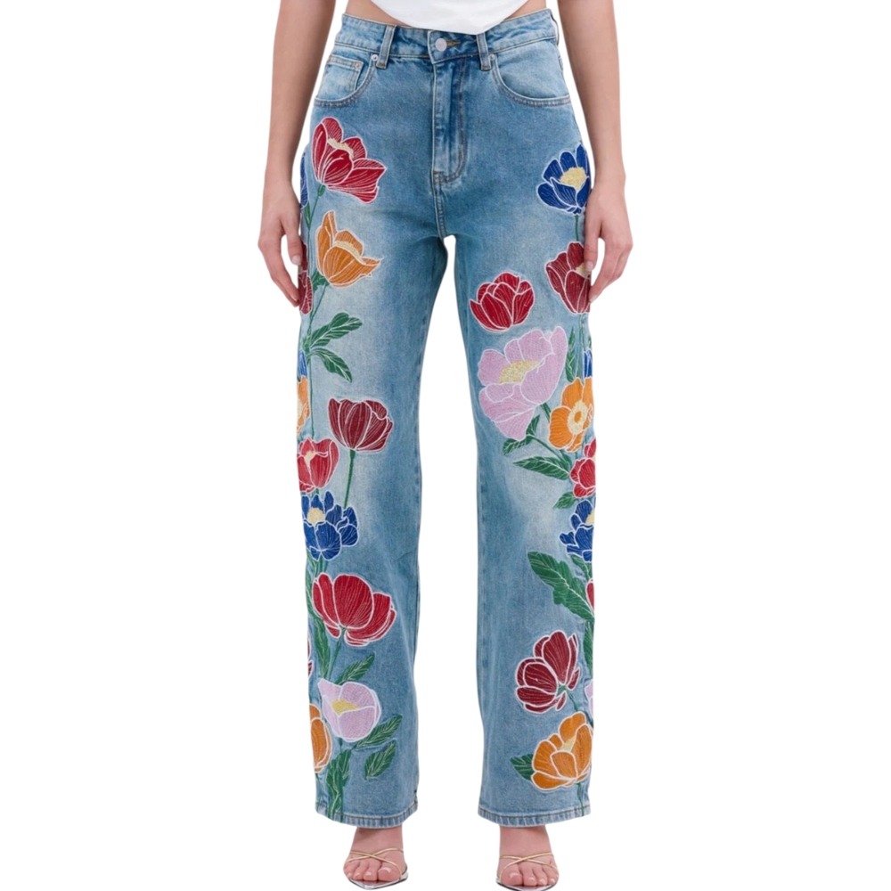 New! AKIRA Blue Jeans with Colorful Floral Embroidery - Picture 3 of 8